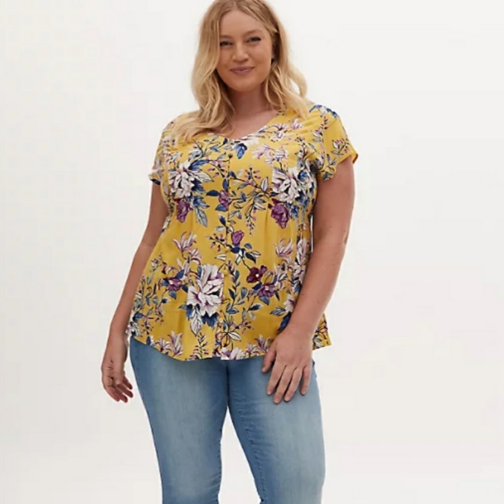Yellow Floral Challis Button Fit & Flare Blouse